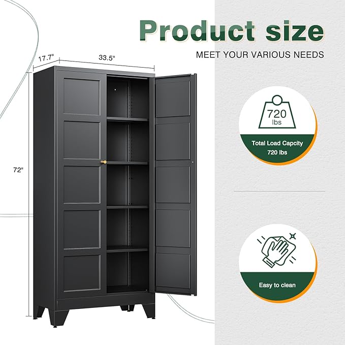 Letaya 72" H Metal Storage Cabinet with 2 Doors and 4 Shelves,Tall Kitchen Pantry Cabinets,Utility Pantry Organizers for Cupboard/Dining/Bathroom/Home Office/Garage (Black, 72" H x 18" D x 33.5" W)