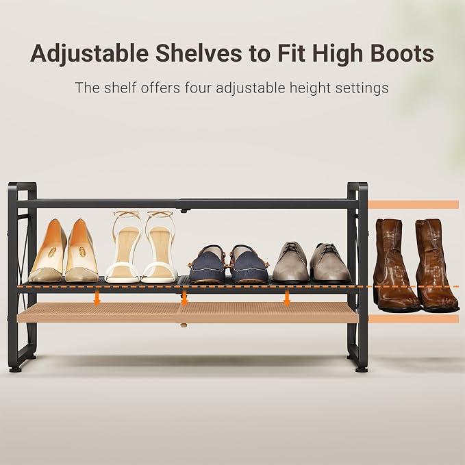ELYKEN Expandable Shoe Rack for Closet, 2-Tier Metal Black Shoe Organizer | Adjustable Height Shoe Shelf for Boots, Heels, with 4 Hooks, Stackable Shoe Stand Holder for Entryway, Garage, Door Entrance