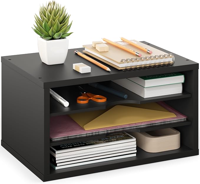 Ballucci File Organizer, 3-Tier Document Paper Sorter, Stackable Wood Desk Organizer, Mail Sorter and Monitor Stand with Storage Shelves, Black
