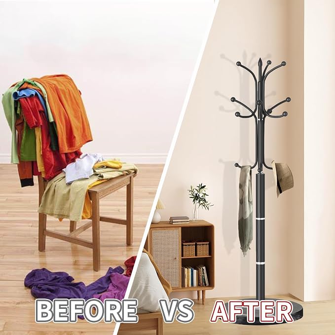 OIRUMIE Coat Rack,Coat Rack Stand with 12 Hooks,Coat Tree Stand for Corner | Coat Rack Freestanding with Natural Marble Base,Black Modern Coat Clothes Hall Tree Hanger Stand for Hallway,Entryway