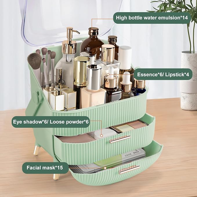 Make up Organizers and Storage, Makeup Organizer for Vanity, Cosmetics Skincare Organizers with Lid and Drawers, Cosmetic Display Cases for Countertop, Bathroom, Ideal Gifts for Women(Light Green)