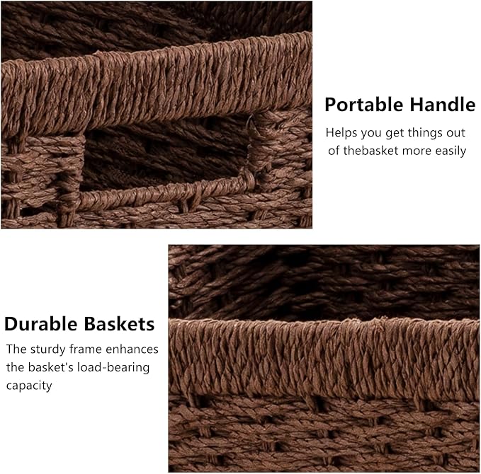 joybest Dark Brown Wicker Baskets for Shelves, Hand-woven Storage Baskets | 13.4L x 8.3W x 7.1H inch for Pantry, Kichen Organizing, Foldable Rectangular Bin with Handles, 4-pack