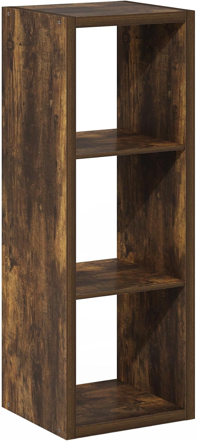 Furinno Cubicle Book Shelf, 3-Cube Bookshelf, Extra Thick Frame Horizontally & Vertically Reversible Bookcase with Open Back, 14.6" x 16" x 44", for Living Room, Bedroom, Home Office, Amber Pine