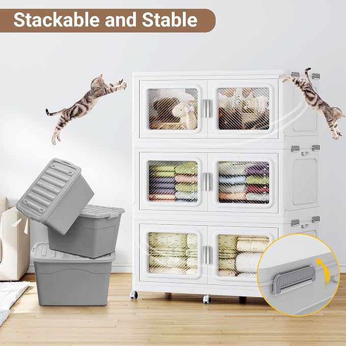 BROVIEW 300Gal Extra Large Storage Bins with Lid and Wheels, White, 4 Pack | 1 lid Plastic Cabinets Stackable Collapsible Foldable Storage Box Total 1200 Quart Organizer Drawers For Home Office Garage
