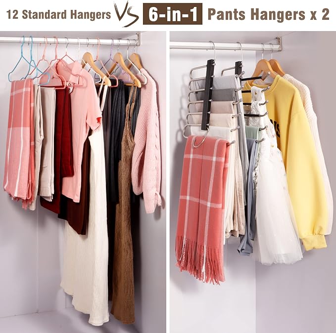 HUITEM 4 Pack 6-Tier Space Saving Pant Hangers, Anti-Slip, Lightweight, Stainless Steel, Black, 6 Pairs Jeans Hangers