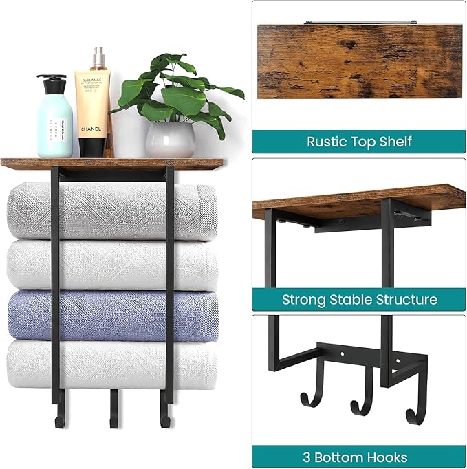 ELITEROO Towel Racks for Bathroom Wall Mounted, Hanging Towel Holder | Wood Towel Rack Shelf with 3 Hook for Washcloths Hand Towel, Bath Towel Storage Organizer for Bathroom, RV, Rustic Brown