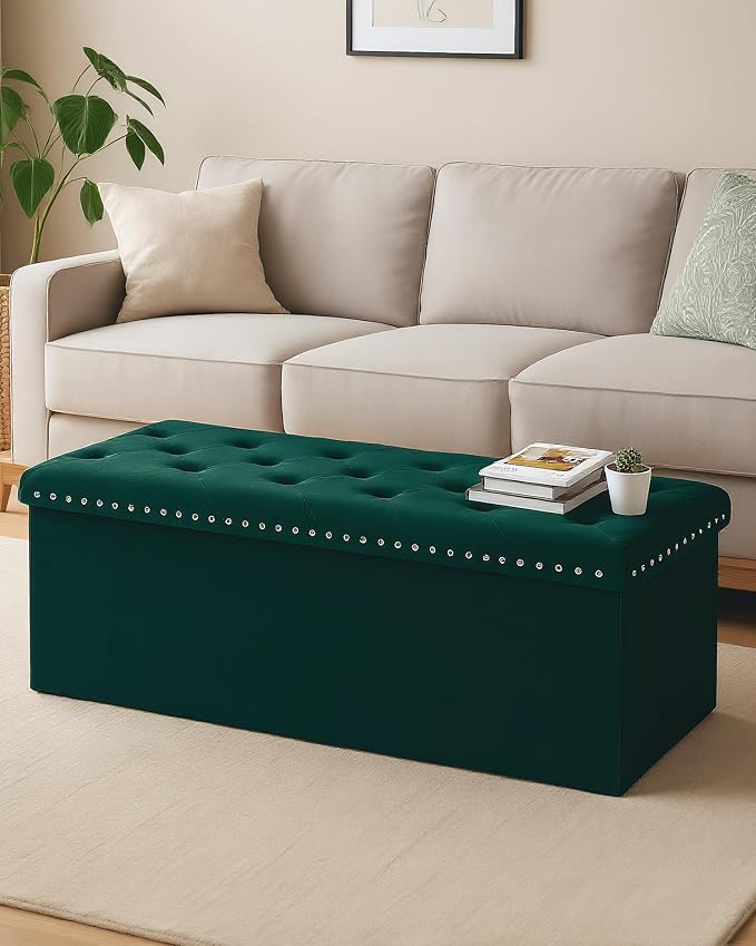 Velvet Storage Ottoman Bench, 43.3" Upholstered Tufted Ottoman with Storage, Folding Footrest Bench for Bedroom, Living Room, or Entryway, Holds up to 660 LBS,Green