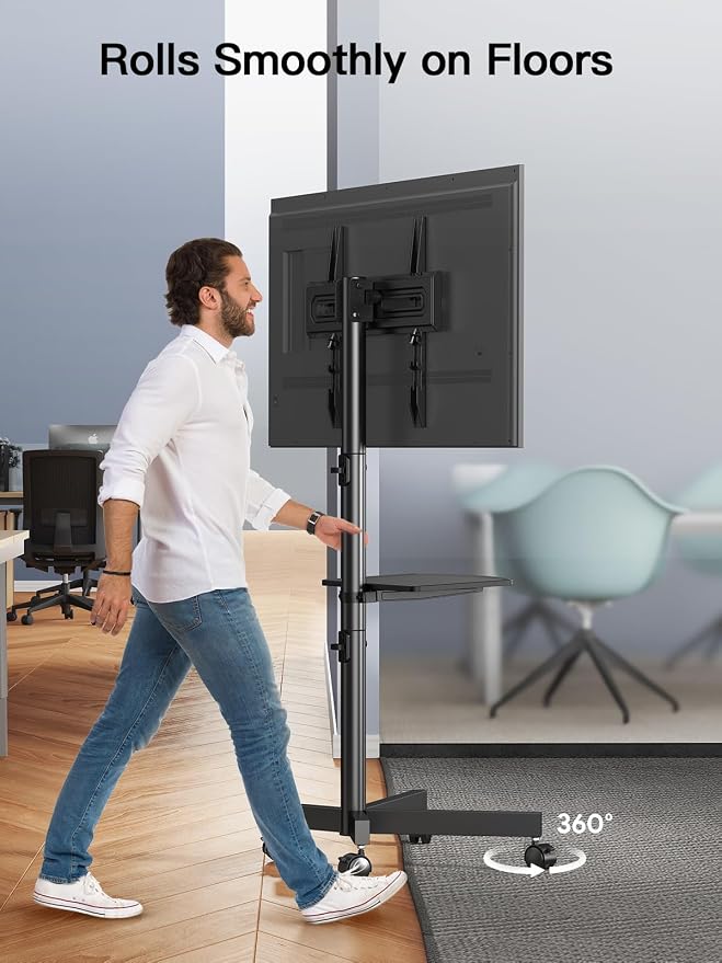 PERLESMITH Rolling TV Stand on Wheels for 23-65 Inch TVs,Tilt Mobile TV Cart Holds up to 99 lbs with Adjustable Height Shelf, Outdoor TV Stand for Bedroom Max VESA 400x400mm PSTVMC04