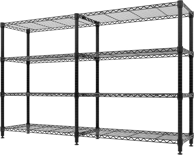 Garvee Metal Storage Shelves 4-Tier, Wire Shelving Rack 59"Wx13.8"Dx59.5"H, | Heavy Duty Load 1060LBS, Adjustable/L-shaped, Wire Rack, for Garage Kitchen Pantry Room Storage, Tool-Free Assembly, Black