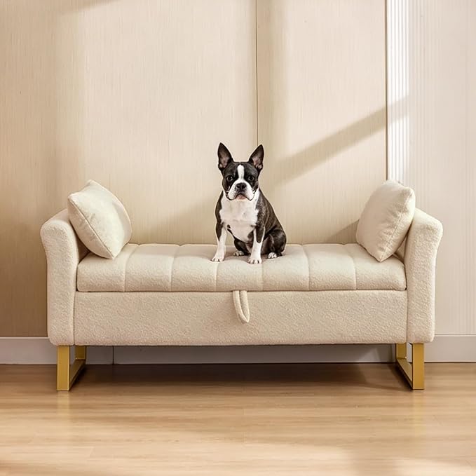 52" Storage Bench for Bedroom Upholstered End of Bed Bench Queen Size Beige | Bedroom Benches for Foot of Bed Queen with Gold Legs,2 Pillows,Teddy Storage Ottoman Bench for Bedroom,Entryway,Cloakroom