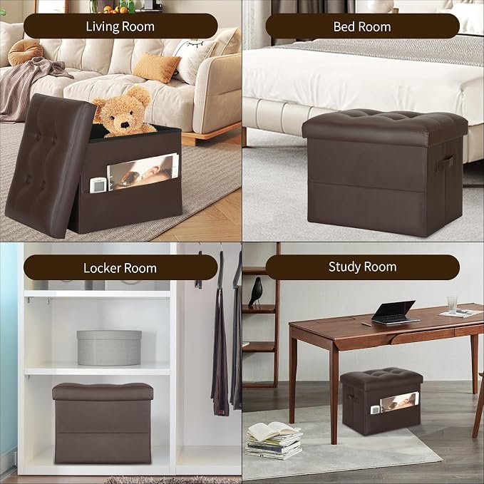 BelugaHelper Storage Ottoman Foot Rest Stool, Foldable Leather Footstool Storage Bench with Thicker Foam Padded Seat. Foot Rest Under Desk for Living Room Bedroom 350 lbs, 17x13x13 in, Brown | Small Ottoman with Storage with Thicker Foam Padded Seat, F...