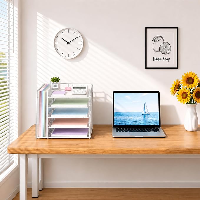 OPNICE Desk Organizer, 5-Tier Paper Organizer Letter Tray with Magazine Holder, Office Desk Accessories & Workspace Organizers, Desktop File Organizer for Office Supplies Storage, White