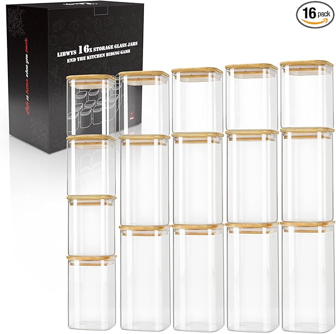 LIBWYS 16-Pack Square Glass Storage Jars with Bamboo Lids (0.6Qt/1.06Qt) | Stackable Dry Food Containers for Pantry Organization, Coffee, Flour, Snacks, Tea, Pasta, Spaghetti | Kitchen Canisters Set