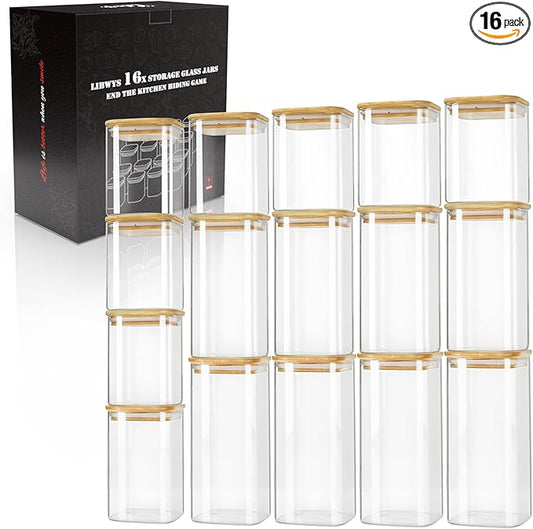 LIBWYS 16-Pack Square Glass Storage Jars with Bamboo Lids (0.6Qt/1.06Qt) | Stackable Dry Food Containers for Pantry Organization, Coffee, Flour, Snacks, Tea, Pasta, Spaghetti | Kitchen Canisters Set