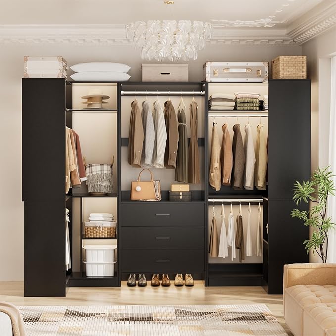 Aheaplus Closet System with 3 Drawers, 5 Hanging Rods & Corner Tower, Corner Closet System with Hanging, 88.8" U-Shaped Walk-In Wardrobe Organizer, 2000+ lbs Capacity, Set of 3, Black