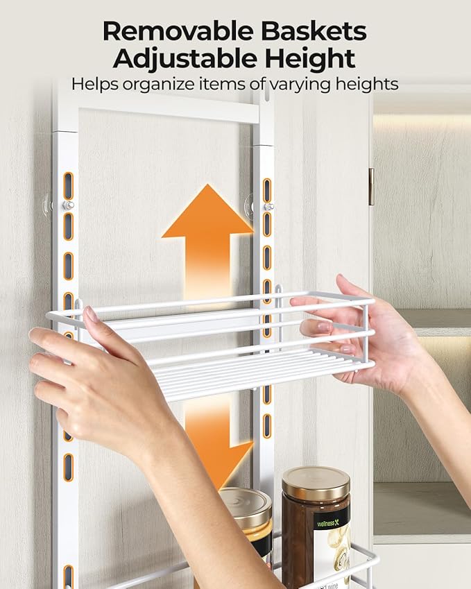 6-Tier Narrow Pantry Door Organizer,Over the Door Pantry Organizer,White | Height Adjustable Heavy Duty Hanging Metal Basket,Back of Door Organizers and Storage for Home,Kitchen,Laundry,Bathroom