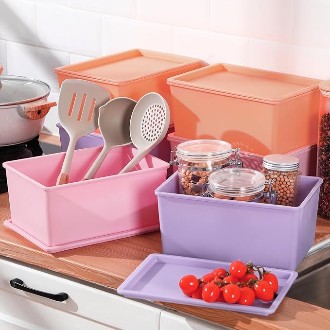 6 Pcs Storage Bins with Lids Small Plastic Storage Containers Stackable Storing Baskets Box Cute Organizer Bins for Organizing Shelves (Pink,Purple)