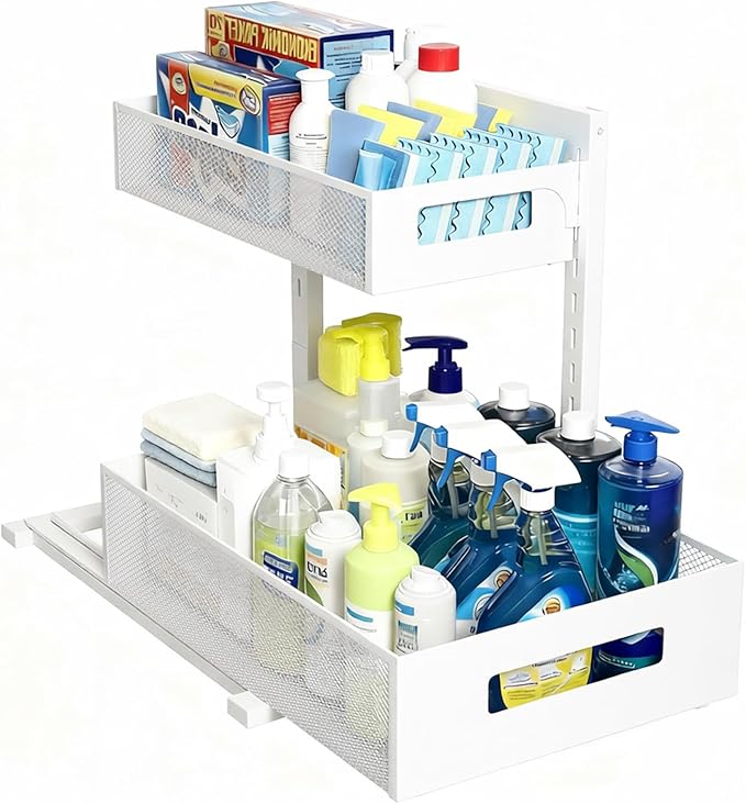 Under Sink Organizer, Adjustable Height 2 Tier Under Sink Organizers and Storage Multi-Purpose Under Sink Storage for Bathroom Kitchen
