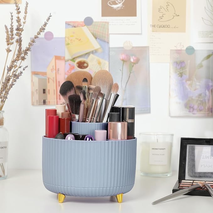 SKYDUE 360 Degree Rotating Desk Organizer, Dual-Purpose Pencil Pen Holder, Rotating Desk Pen Organizer with 5 Slots, Pencil Cup for Office, School, Home (Airy Blue)