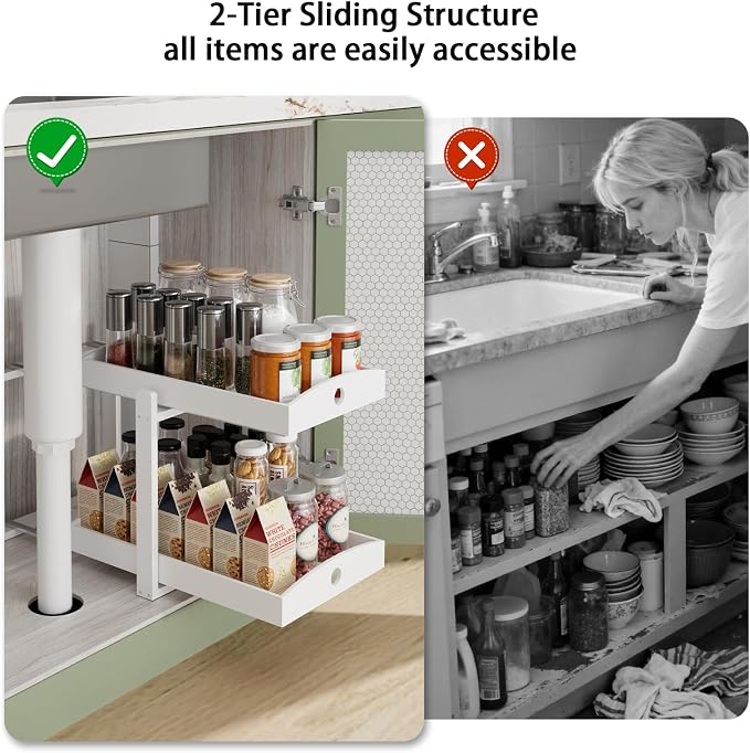 2 Pack Bamboo Under Sink Organizer, 2-Tier Sliding Drawers for Cabinets | Pull-out drawers keep cleaners and tall bottles visible, organized and easy to reach in kitchen or bathroom cabinets