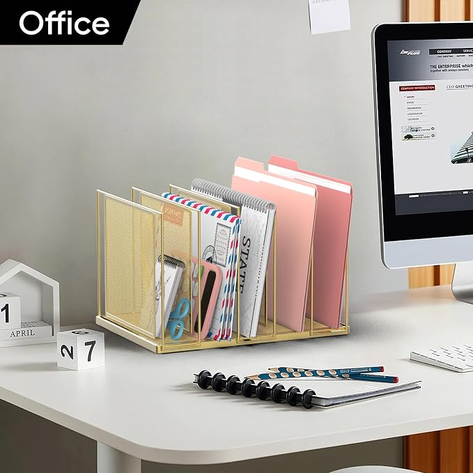 File Organizer for Desk, 5-Section Vertical File Sorter, Paper Holder Organizer Standing Metal File Folder for Office Home Classroom, Gold