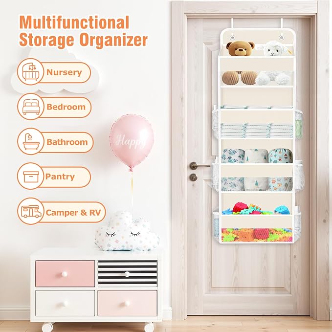 Over The Door Organizer Storage Large Capacity Hanging Bedroom Storage | 4 Shelves, 40 LB Capacity, Foldable Mesh Design, Clear Window, Sturdy, Large Storage Organizer for Nursery, Pantry & Closet