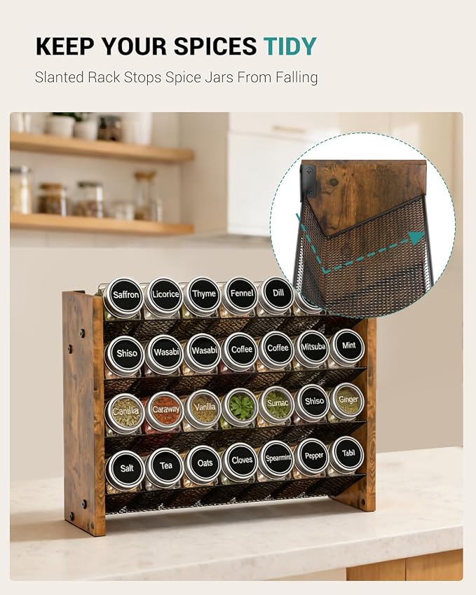 NESAPTO Spice Rack Organizer for Cabinet, Wood 4-Tier Vertical Seasoning Organizer, Wall Mount or Countertop Spice Shelf, Holds 28 Jars (No Jars Included), 14" W x 9.4" H