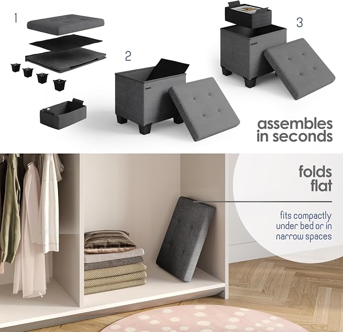 Storage Ottoman Cube with Small Bin, 15-in Square Ottoman with Storage for Living Room and Bedroom, Small Ottomans Foot Rest, Fabric Foot Stools Ottomans Max 330lbs, Grey