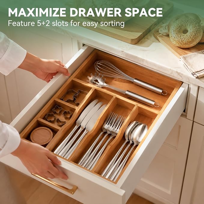 Teak Silverware Organizer For Drawer, Flatware Silverware Storage Tray | 2 Removable Drawer Dividers | Space-Saving Storage for Spoons Forks Knives | Fits 16 in drawers | (7 slots)