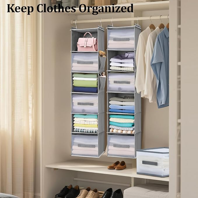 Hanging Closet Organizer, 6-Shelf w/ 3 Drawers & Pockets, Black | No tool installation required, made of non-woven fabric, suitable for all wardrobe storage, with strong load-bearing capacity