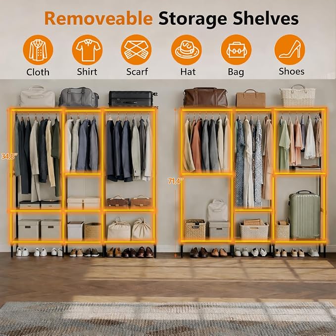Simple Deluxe Clothes Rack, Heavy Duty Clothing Rack, 4-Shelf Portable Adjustable Wardrobe Closet with Hanging Rods, 74.2" W x 15.5" D x 77.1" H, Black