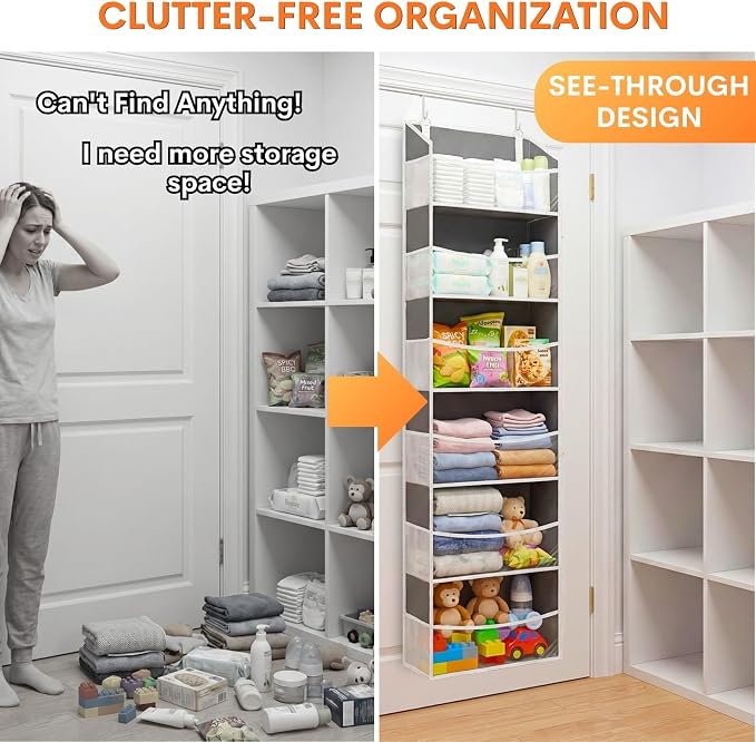 Ofiray-home Over Door Organizer with 6 Large Pockets | 6 Transparent Front Pockets & 12 Mesh Side Pockets, 80 lbs Weight Capacity Hanging Storage for Toys, Shoes, Diapers, Pantry