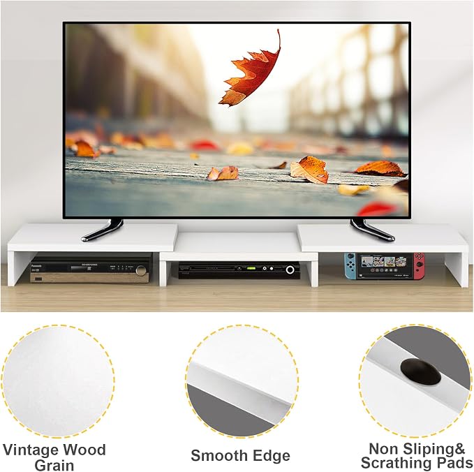 TAVR Dual Monitor Stand Riser, Wooden Computer Monitor Stand for 2 Monitors | Extra Long Multifunctional Desktop Organizer Riser for TV, PC Monitor, Laptop, Printer, Max 43.3" Length, White