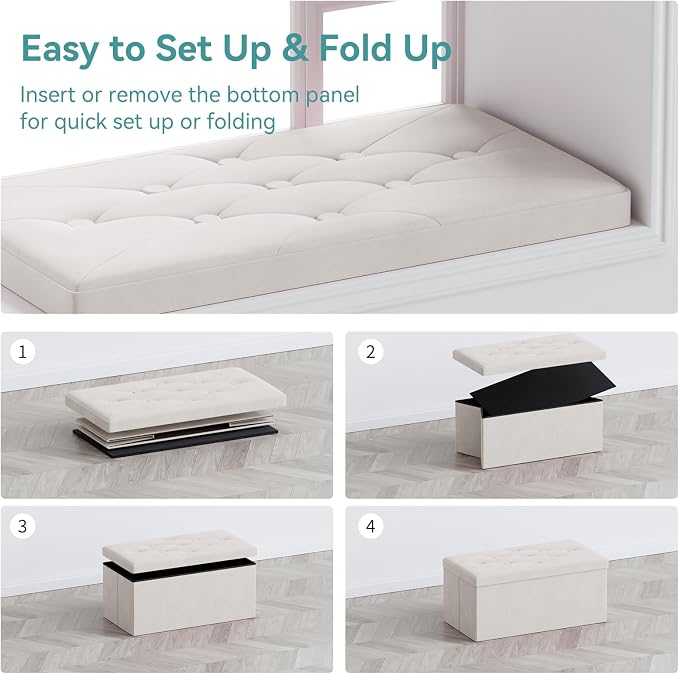 BRIAN & DANY Folding Storage Ottoman Bench, Ottoman with Storage, Foot Rest, Benches Seat for Bedroom, Living Room, Entryway, Long Shoes Bench, 15.7" x 31.5" x 15.7" White