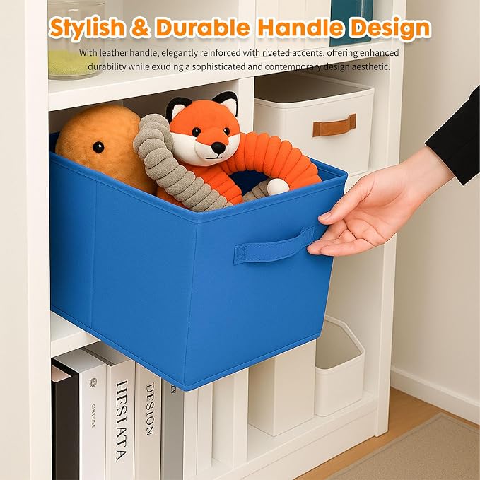 PowerKing Collapsible Storage Cubes, Farbic Storage Bins, Royal Blue, 6Pack | Sturdy, Lightweight, Easy Pull Handle, Closet & Shelf Organizer, Clothes and Toys Storage, 10.5'' x 11'' x 10.5''