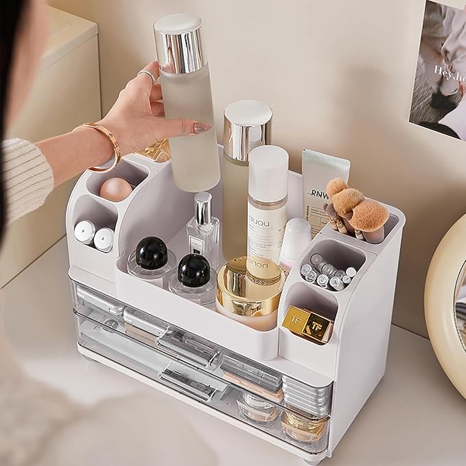 Makeup Organizer,Perfect Bathroom Skincare Organizer,Cosmetic Display Case | Makeup Organizer with Drawers and Brushes Holdere,Easy to Store Your All Beauty Essential