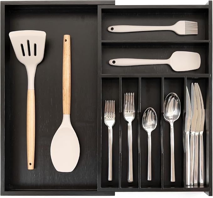 KitchenEdge Silverware & Utensil Drawer Organizer, 10.5-19 in, Black Bamboo | Cutlery, flatware, food-safe contract grade, kitchen drawer fit