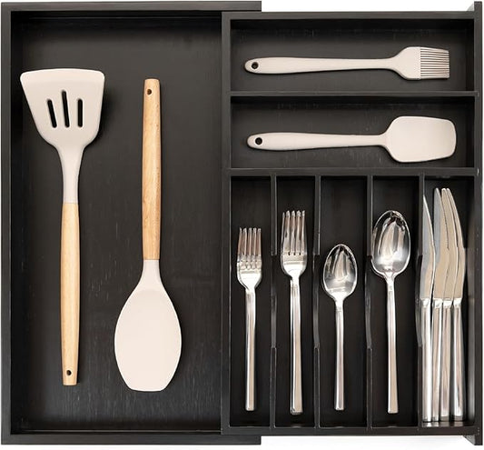 KitchenEdge Silverware & Utensil Drawer Organizer, 10.5-19 in, Black Bamboo | Cutlery, flatware, food-safe contract grade, kitchen drawer fit