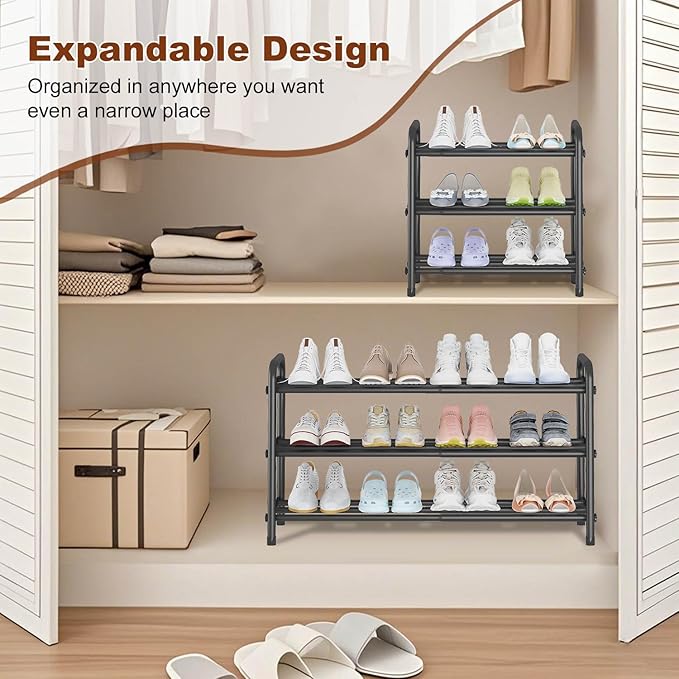 Expandable 3-Tier Shoe Rack for Closet & Entryway, Metal Shoe Organizer | Expandable • Adjustable Width • Holds 12 Pairs • Heavy-Duty Metal • Tool-Free Assembly • Fits Small Spaces