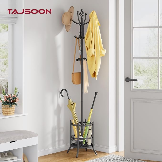 Tajsoon Coat Tree with Umbrella Stand, Coat Rack With 16 Hooks, Grey | 2-In-1 Design, Coat Stand Freestanding, Durable & Stable, Space-Saving, For Living Room, Bedroom, Office