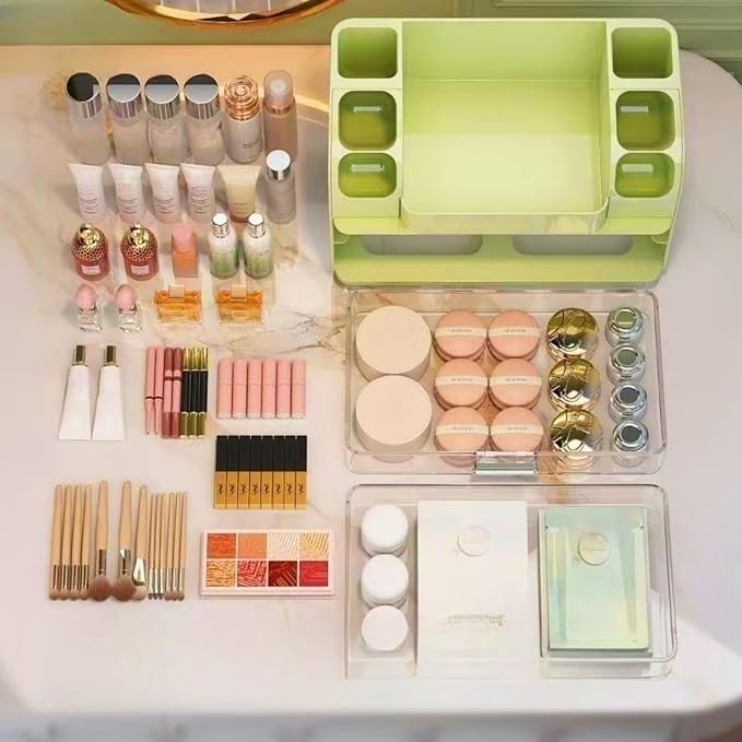 Makeup Organizer with Drawers for Vanity,Bathroom Countertop Organizer with Brushes Holder,Skincare Storage Organizer,Perfect Cosmetic Display Case for Skincare,Lipstick and Beauty Essential (Green)