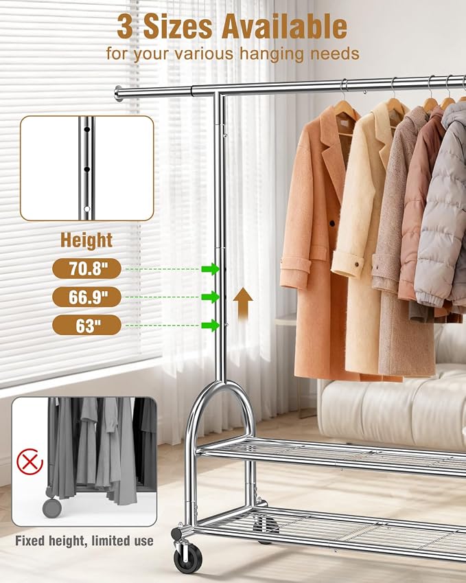 EAGMAK Heavy Duty Clothes Rack for Hanging Clothes Load 556 LBS, Height Adjustable Rolling Clothing Racks, Portable Metal Coat Rack Garment Wardrobe with Wheels and Shelves for Bedroom Laundry, Silver