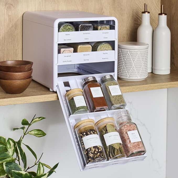 YouCopia SpiceStack,18-Bottle Adjustable Spice Rack Organizer, Pull-Out Seasoning Holder for Kitchen Cabinet and Pantry Storage with 104 Labels and Adjustable Dividers, Speckled White