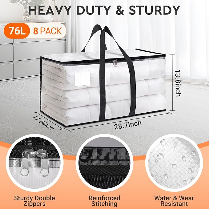 HomeHacks Moving Bags, Heavy Duty Storage Bags for Clothes, 8 Pack 76L | Waterproof moving bag with zipper and Handles, clear storage bags packing bags for moving, camping, home organization, 20Gal