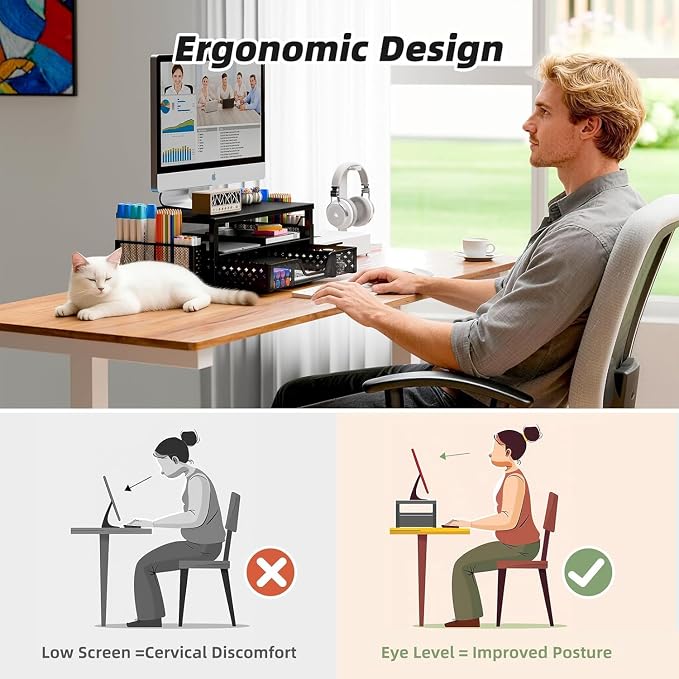 Simple Trending 2-Tier Monitor Stand Riser, Desk Organizer, Drawer, Black | Laptop & Printer Stand, Desktop Organizer, Drawer & 2 Pen Holders, Sturdy Material, for Home Office, 16"W x 10"D x 5.8"H