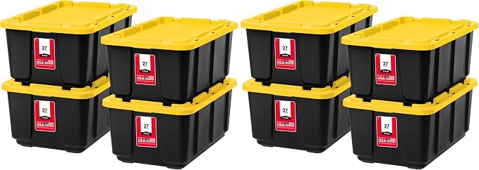 IRIS USA 8-Pack 27 Gallon Storage Bins with Lids |Made in USA| Heavy Duty Plastic Tote Containers for Truckbed Tool Box Organization, Large - Black/Yellow