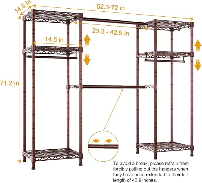 Ulif E7 Heavy Duty Closet Garment Rack, Clothes Storage Organizer System | Metal Freestanding Clothing Racks with 2 Extendable Rods and 6 Shelves, Portable Wardrobe Closets for Holding 838lbs, Bronze