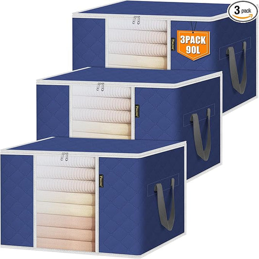BALEINE 3 Pack Clothes Storage Bags, 24 Gallon Storage Containers with Reinforced Handle, Sturdy Zipper, Closet Organizer for Blanket, Comforter, Pillow, Bedding (Blue, 3 Pack)