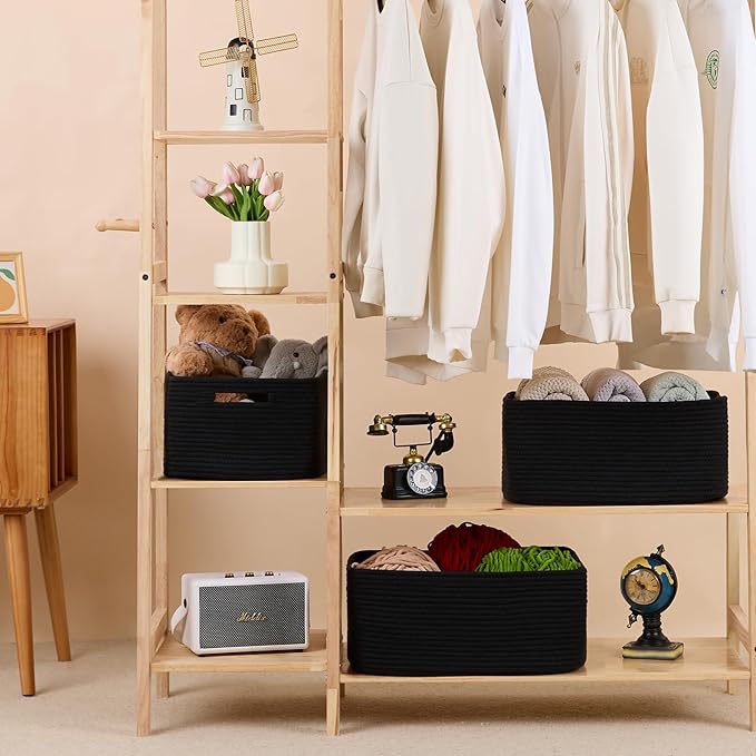 MiniArk Large Storage Baskets for Shelves, 17 x 13 x 7.5” Closet Organizers Bins for Clothes Blanket Towels, Baby Nursery, Toy Baskets Box, Woven Rope Baskets, 3 Packs Black