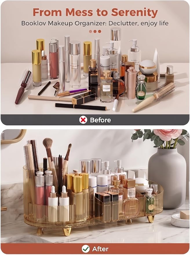 Booklov Rotating Makeup Organizer for Vanity Countertop, Amber | Clear Acrylic Cosmetic Display Case, Large Beauty Brush Holder for Bathroom Counter, Skincare Lipsticks Storage
